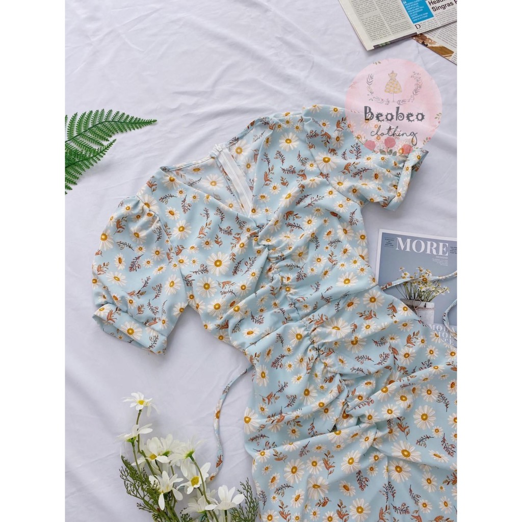 Đầm midi voan hoa cổ v nhúng thân thắt nơ vintage