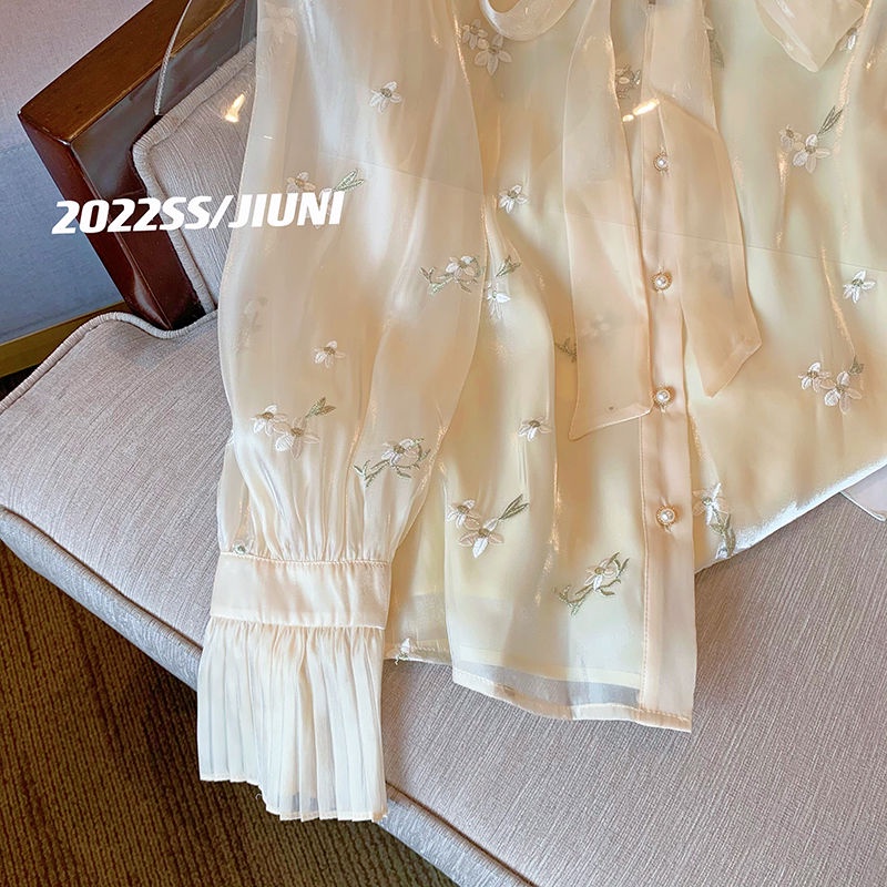 Áo Sơ Mi Chiffon Cao Cấp Thêu Họa Tiết Thắt Nơ Phong Cách Hàn Quốc Mới