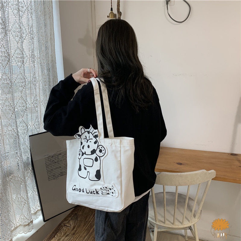 Túi canvas đeo chéo cỡ lớn in hình chú chó đơn giản thời trang dành cho học sinh