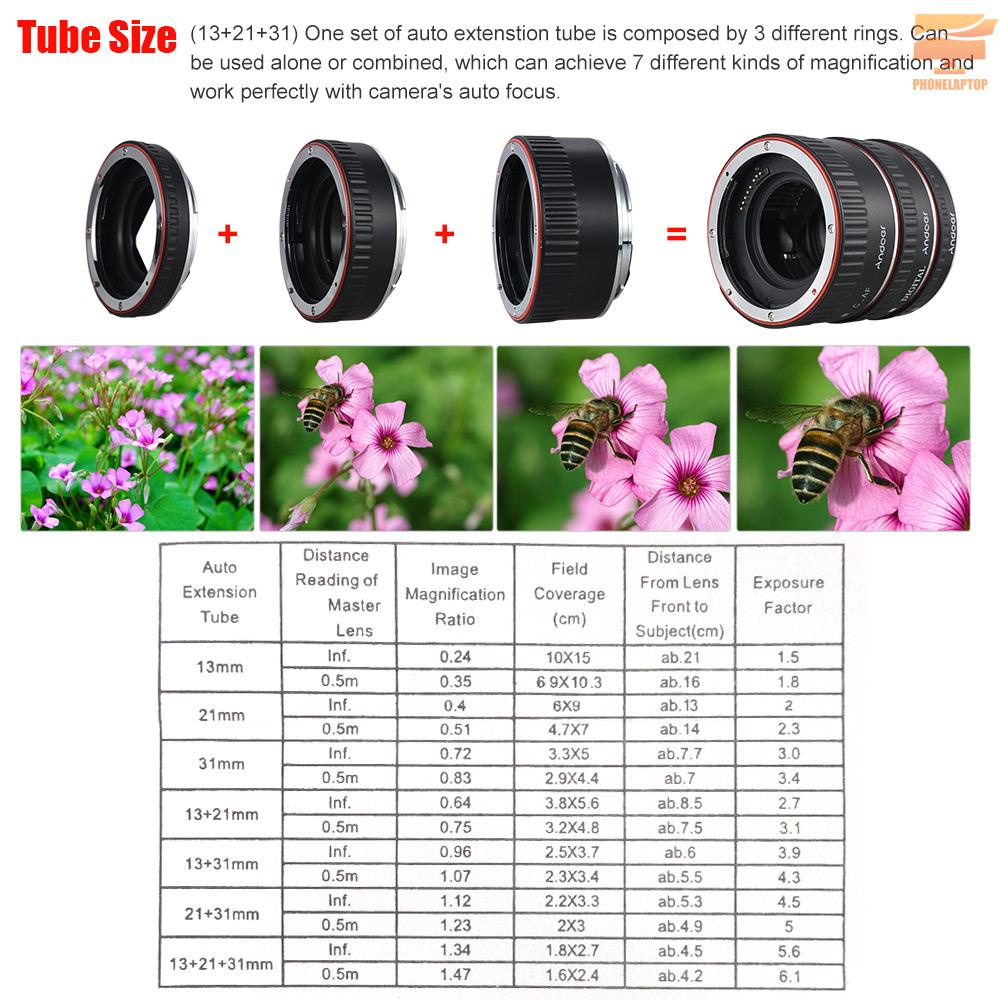 Lapt Andoer Brand New Upgraded Macro Extension Tube Set 3-Piece 13mm+21mm+31mm Auto Focus Extension Tube Rings for Canon EOS Camera Body and Lens of The 35mm SLR for Canon all EF and EF-S Lenses