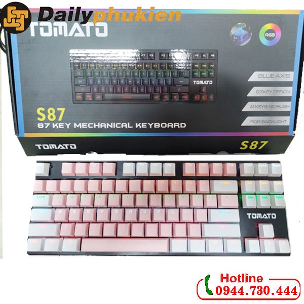 Bàn phím cơ mini màu hồng Tomato S87, phím cơ hồng bảo hành 2 năm