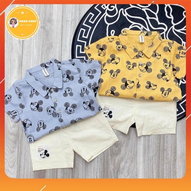 Set Bộ Sơ Mi Phối Quần Lửng Cho Bé Trai, Áo Họa Tiết Chuột Mickey Đáng Yêu, Quần Đũi Lửng Size Từ 8-20kg