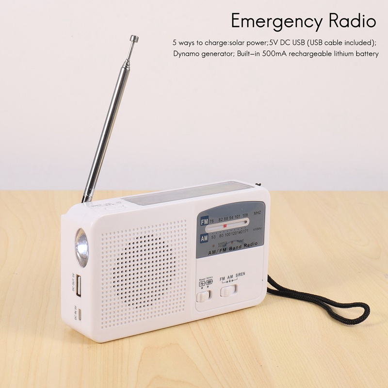 Radio Khẩn Cấp Sử Dụng Năng Lượng Mặt Trời Và Tay Quay Tự Động Sạc Pin USB FM / AM Tích Hợp Đèn Pin Điện Thoại