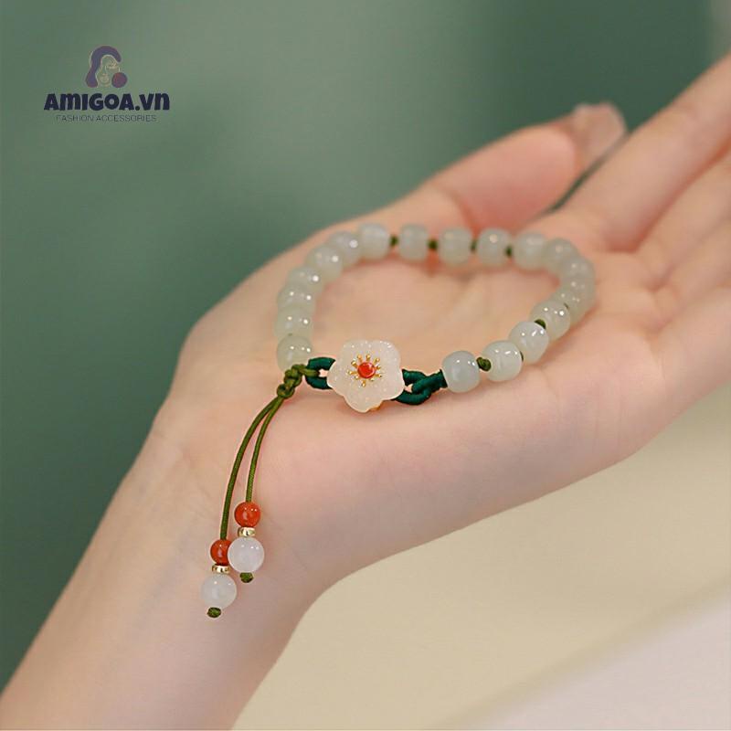 ✨✨Vòng Tay Dây Bện Xỏ Hạt Đá Ngọc Bích Hoa Đào Nhỏ Chuyển Đổi Dâu Tây Phong Cách Dân Tộc Dành Cho Bạn Nữ