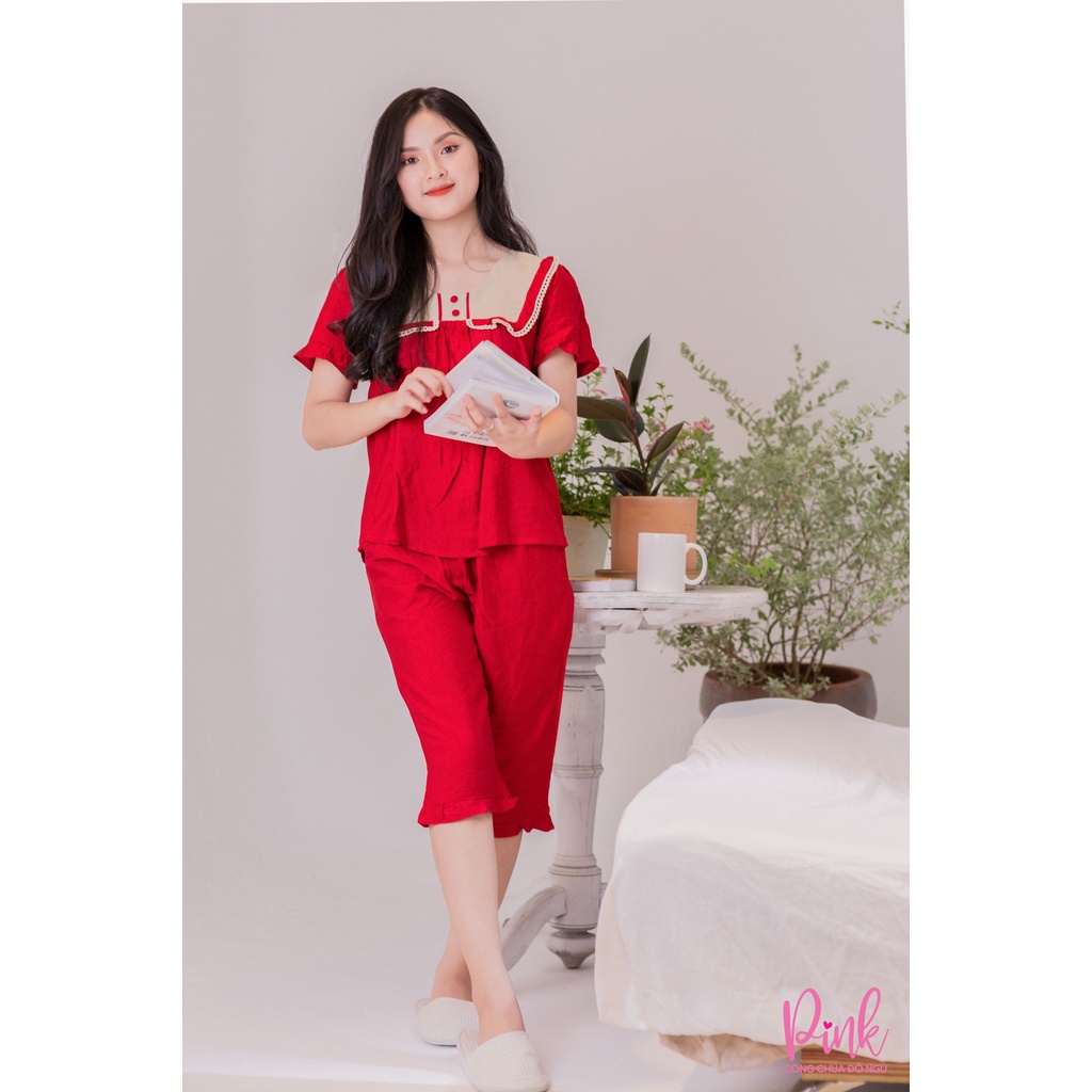 Bộ Ngủ Pijama Nữ Màu Đỏ Tay Ngắn Quần Lửng Chất Đũi Cao Cấp Thoáng Mát Hút Mồ Hôi Phong Cách Ulzzang Hàn Quốc Trẻ Trung