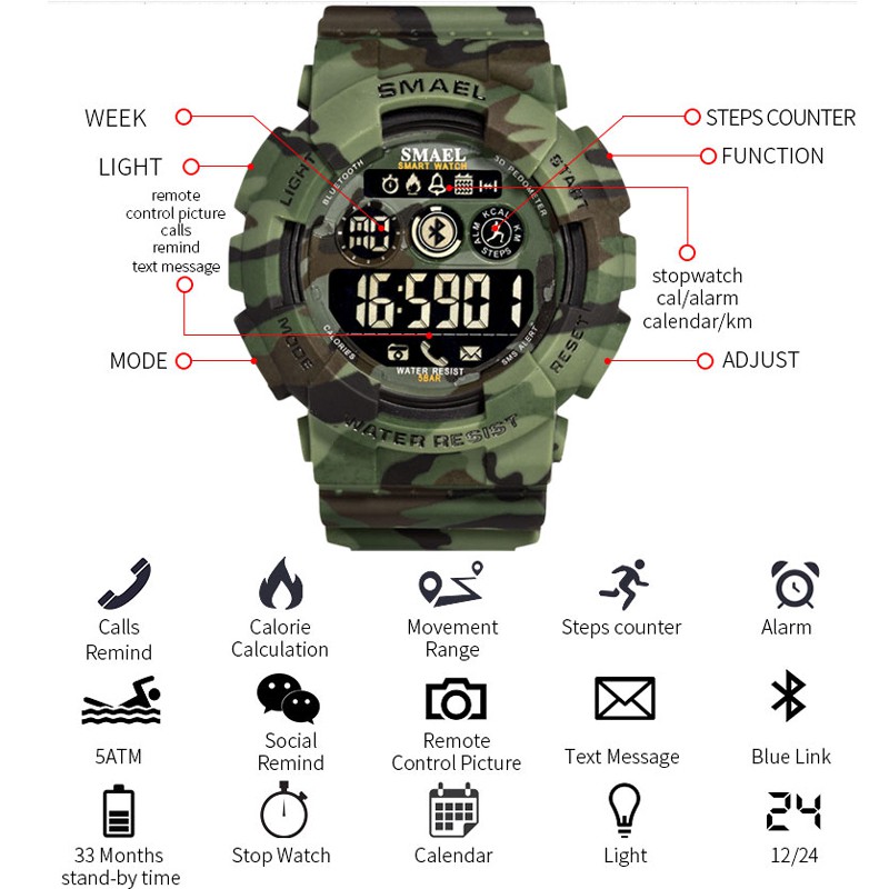 Đồng hồ thể thao SMAEL dành cho nam Đồng hồ kỹ thuật số Bluetooth Chronograph Quân đội Ngụy trang Đồng hồ LED dành cho nam 8013
