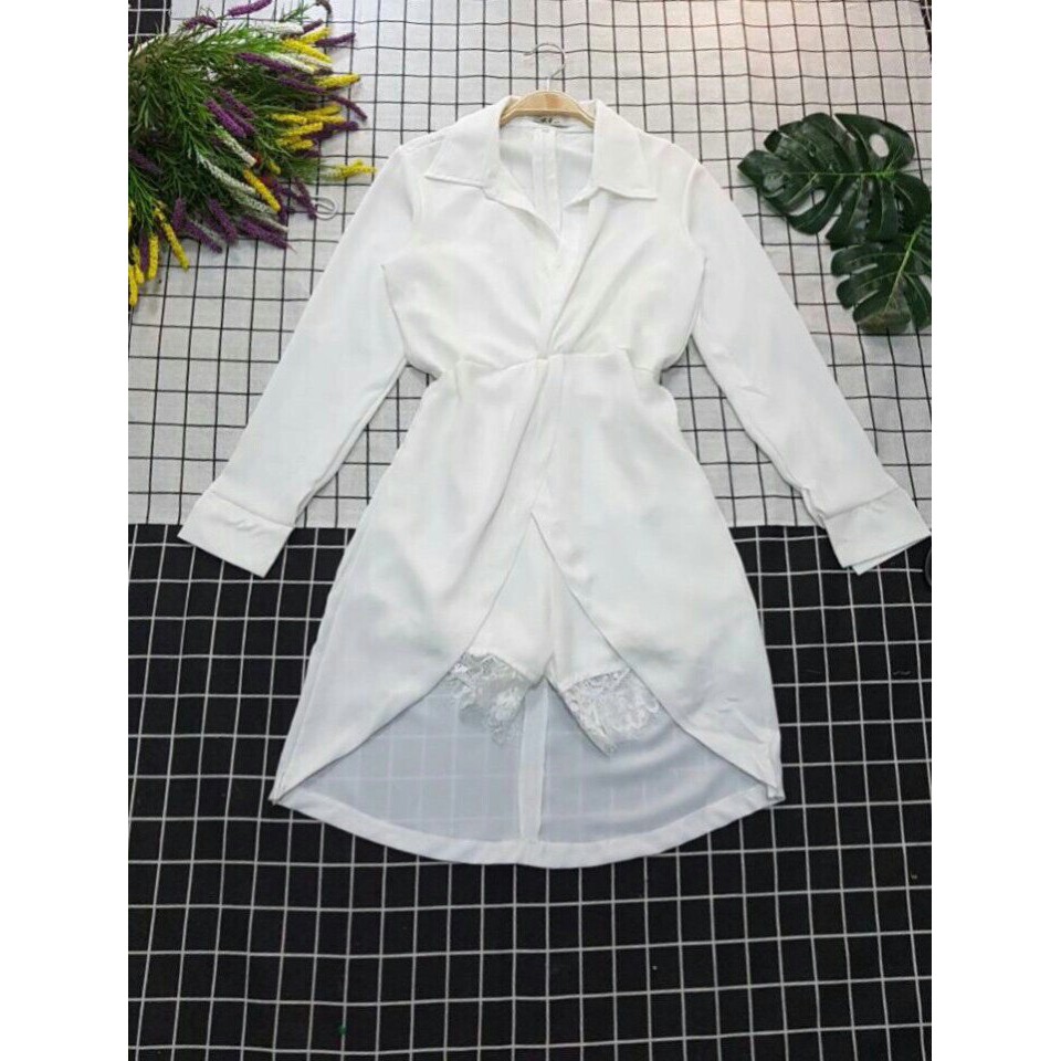 Jump short 2 dây phối ren+ngoài đầm sơ mi xoắn eo tay dài