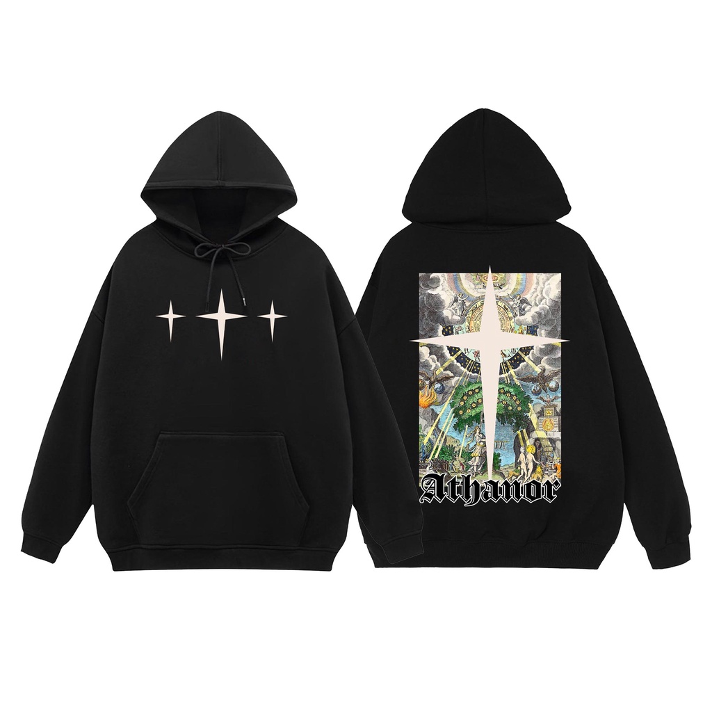 Áo hoodie local brand ATHANOR chất nỉ bông 100% cotton premium form rộng tay bồng mẫu orbit màu đen và xanh lá