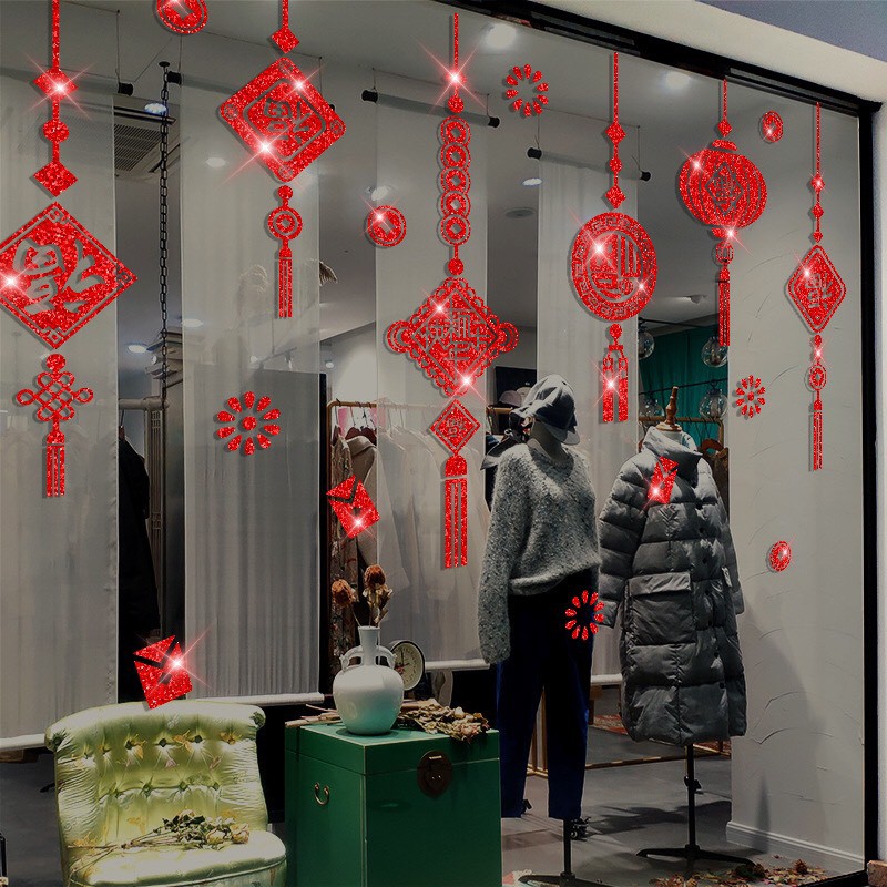 Decal trang trí Tết - Rèm dây bảng lồng đèn nhũ kim tuyến đỏ