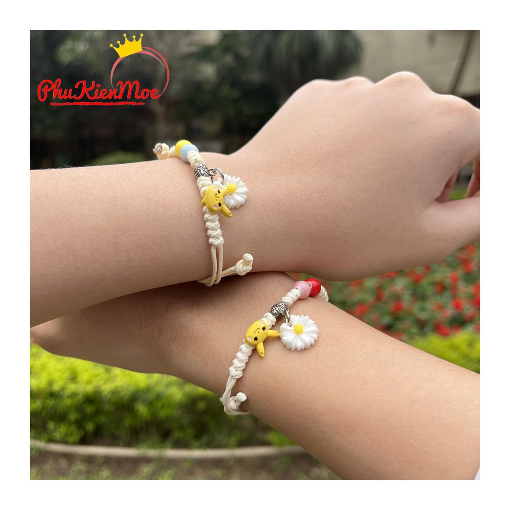 Vòng tay dây rút hình hoa cúc trắng hoa mi kèm pikachu kiểu dáng vintage