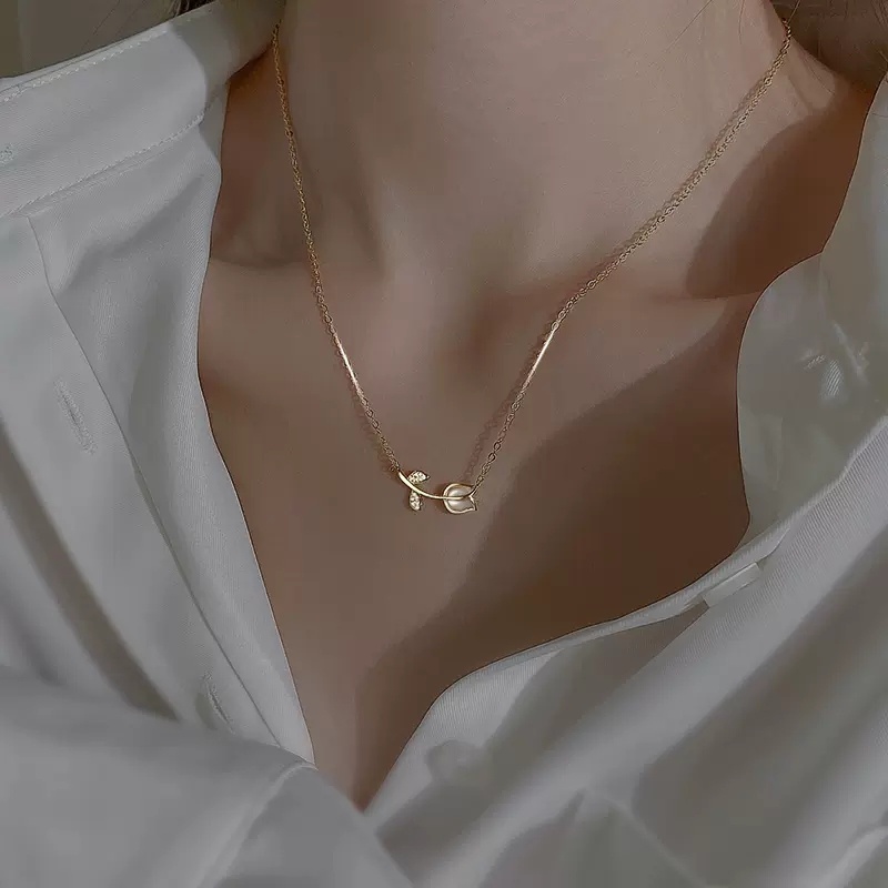 Vòng cổ Mặt Hoa Tulip Đá Mắt Mèo Thời Trang Hàn Quốc Cho Nữ
