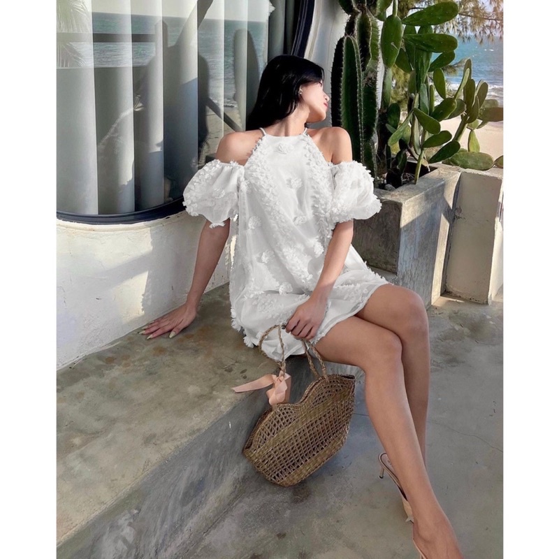 Đầm trễ vai ren hoa 2 lớp dày dặn
