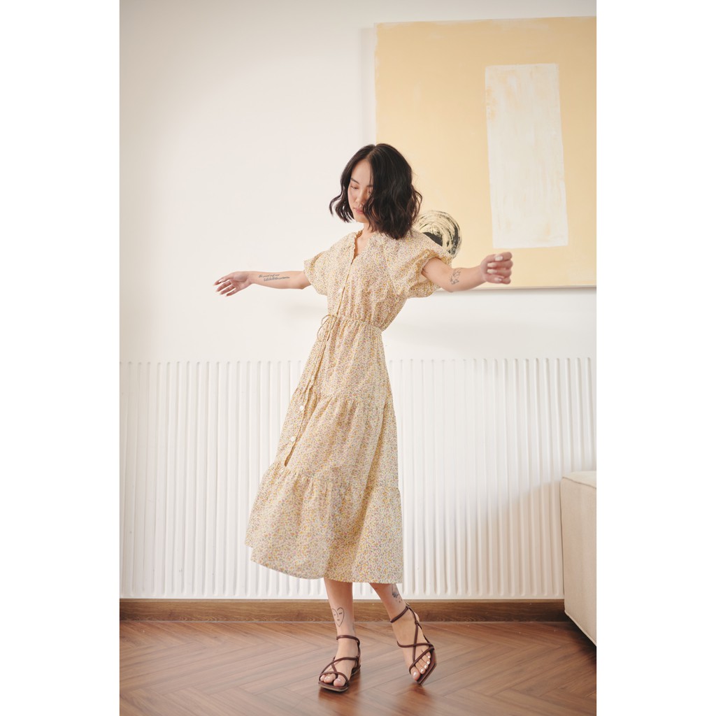 Happy Zoo - Đầm dài tay ngắn rút eo hoa | BigBuy360 - bigbuy360.vn