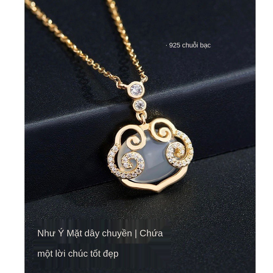 dây chuyền bạc 925 trắng chalcedony hòa bình và vòng cổ có khóa mong ước nữ chuông điển trường thọ gửi quà tặng