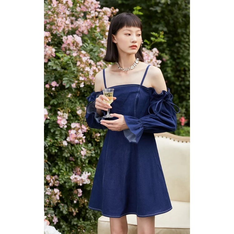 Vero Moda Váy Chữ A Vải Denim Tay Bèo Nhún Trễ Vai Phong Cách Pháp Cho Nữ 321242041