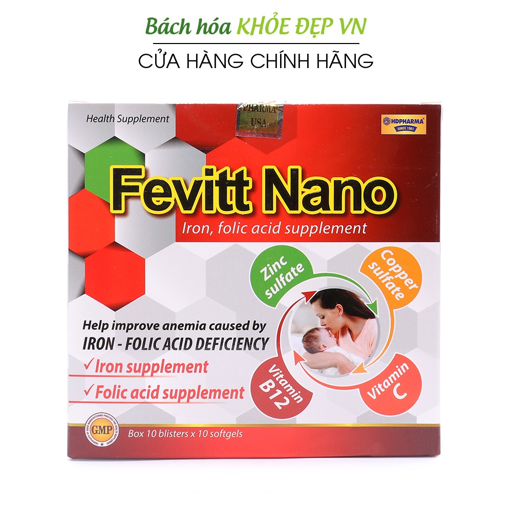 Viên uống bổ máu bổ sung Sắt, Acid Folic cho người thiếu máu, chóng mặt, da xanh xao - [Fevitt Nano 4 mắt 100 viên]