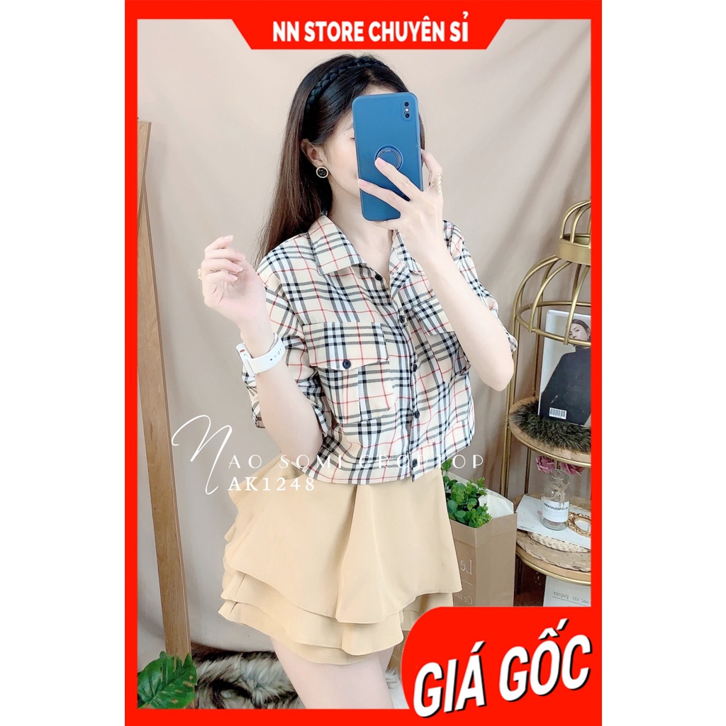 Áo sơ mi nữ phom croptop chất vải mềm mịn phối sọc kẻ dễ thương AK1248