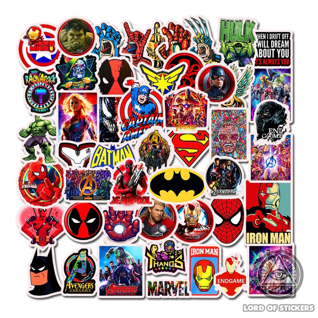Set 50 Nhãn Dán Siêu Anh Hùng Marvel DC Sticker Phim Hoạt Hình Chống Thấm Nước Trang Trí Mũ Bảo Hiểm, Ván Trượt, Laptop