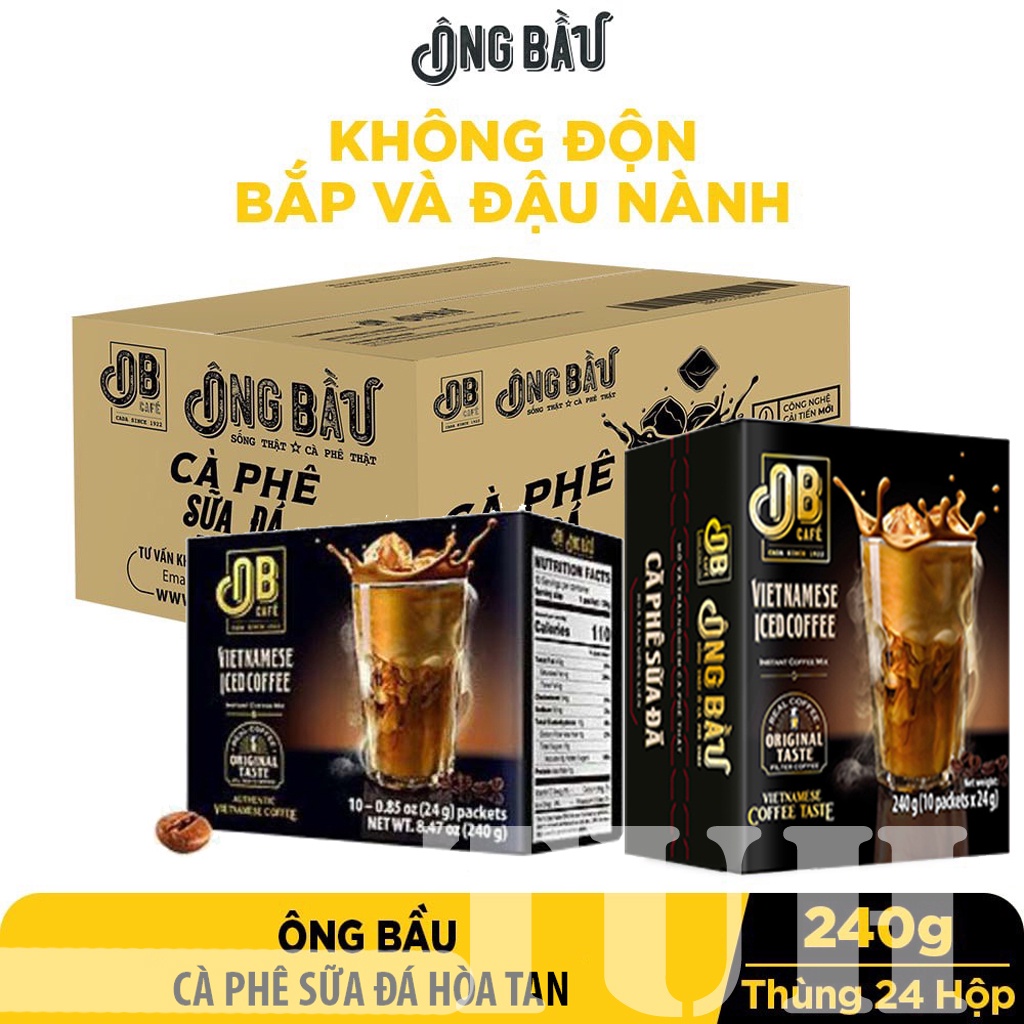 THÙNG 24 HỘP Cà phê Sữa Đá Ông Bầu Hòa Tan Hộp Đen, hộp 240g/10 gói,OB Café-TUH