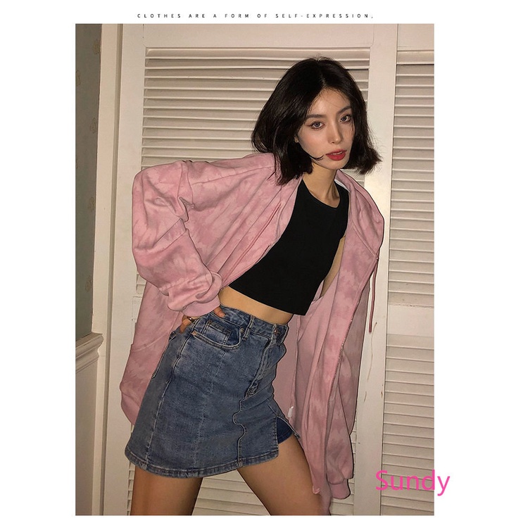 Áo Hoodie Tay Dài Nhuộm Màu Nhuộm Dáng Rộng Thời Trang Mùa Thu Cho Nữ