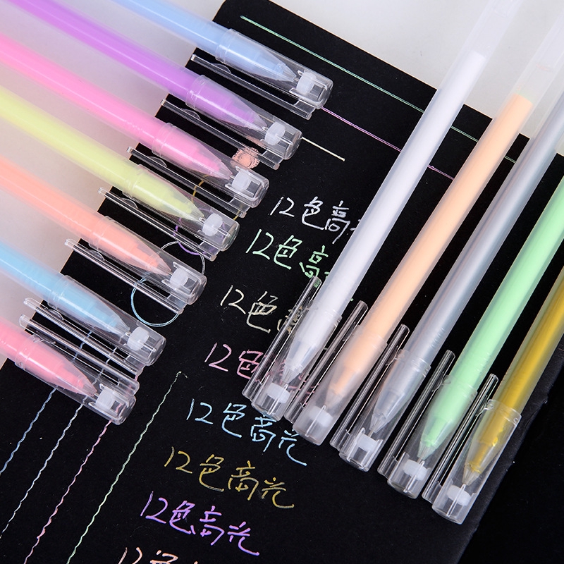 Bộ 12 Bút Gel Dạ Quang Nhiều Màu Sắc Dùng Đánh Dấu Nhật Ký Tiện Dụng