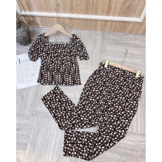 Set bộ hoa nhí dập li cổ vuông xếp li tay nhún quần ống suông nhỏ bigsize 40-72kg
