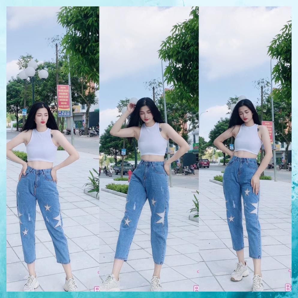 Quần jeans dáng baggy, quần bò nữ lưng cao túi chéo xước nhẹ, họa tiết sao. Mã A4160