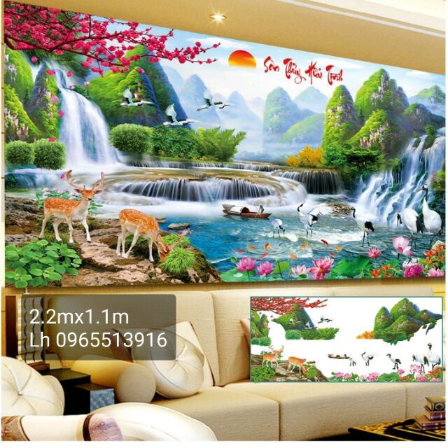 Tranh đính đá phong cảnh lưu thủy sinh tài 160x70-2mx90-220x110cm khổ lớn | BigBuy360 - bigbuy360.vn