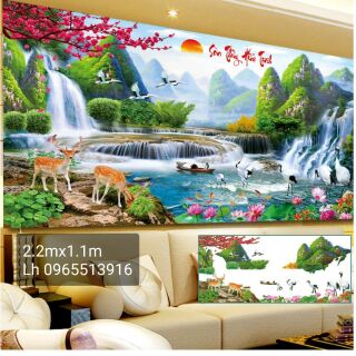 Tranh đính đá phong cảnh lưu thủy sinh tài 2mx90-220x110cm khổ lớn