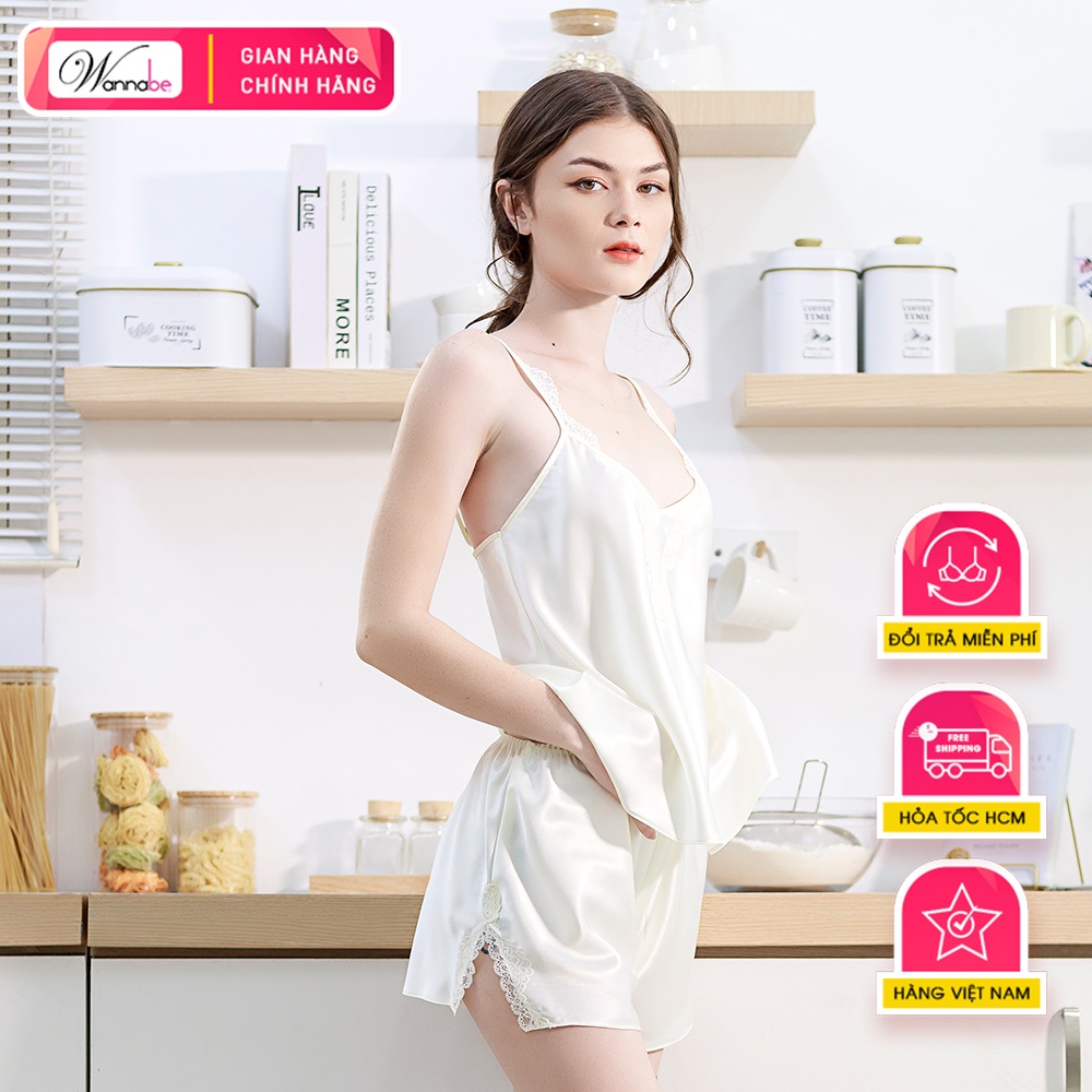 Đồ bộ mặc nhà phi lụa cao cấp WANNABE BSS39 bộ sọt lưng cut-out viền ren gợn sóng trẻ trung quyến rũ