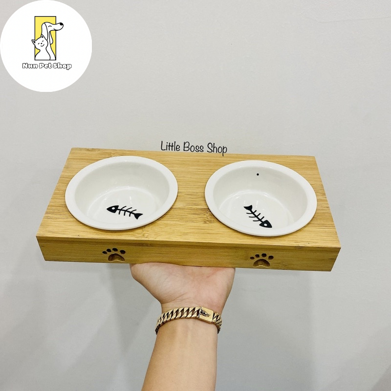 Chén (bát) ăn khung gỗ tháo rời bằng gốm cao cấp cho cún mèo🥣
