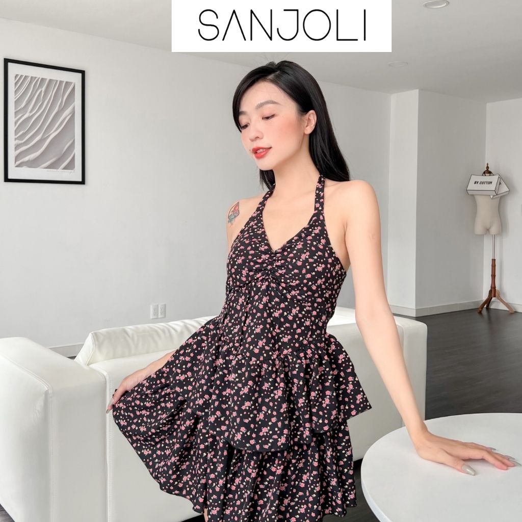 Đầm body sexy Sanjoli váy đi biển voan hoa nhí xếp tầng dáng xoè cúp ngực thiết kế ôm eo cổ yếm hở lưng dự tiệc VD087