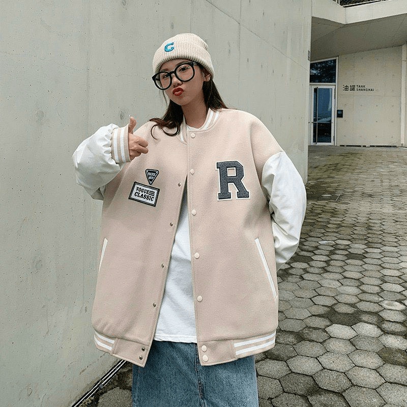 ÁO KHOÁC BOMBER NAM NỮ CẶP ĐÔI CHẤT LIỆU DA LỘN CAO CẤP THÊU HỌA TIẾT CHỮ R THỜI TRANG VALENTINA