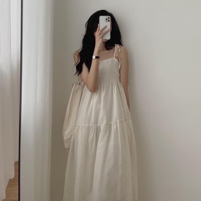 Đầm váy hai dây chất liệu voan tơ buộc vai 2 lớp màu trắng và đen