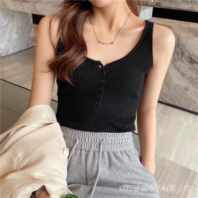 Áo Thun Dệt Kim Sát Nách Phối Nút Thời Trang Cho Nữ