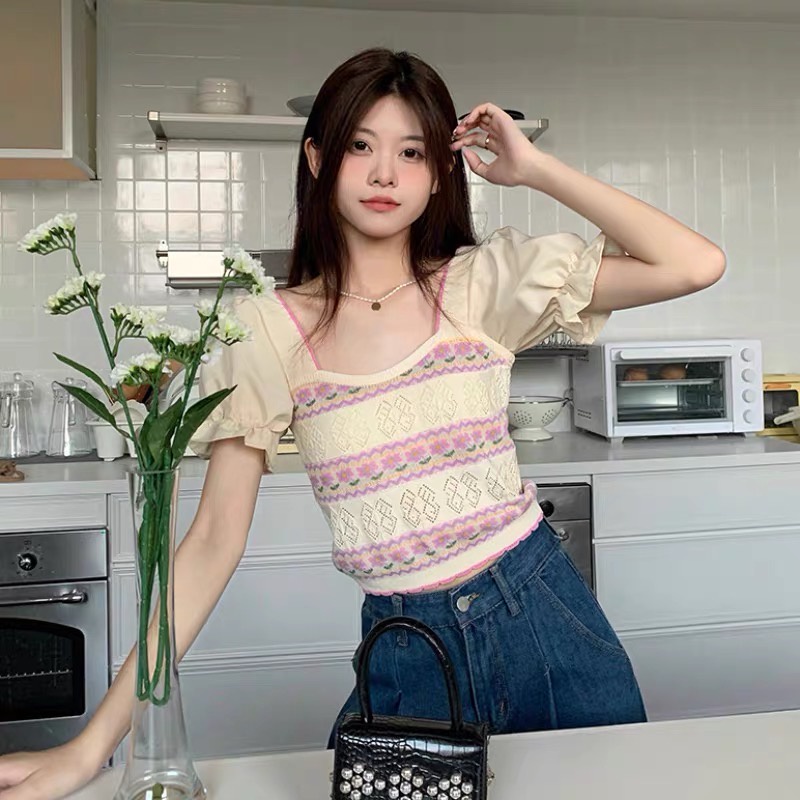 áo croptop kiểu nữ cổ vuông tay ngắn dệt kim phối tay bồng hàng đẹp thiết kế Quảng Châu cao cấp