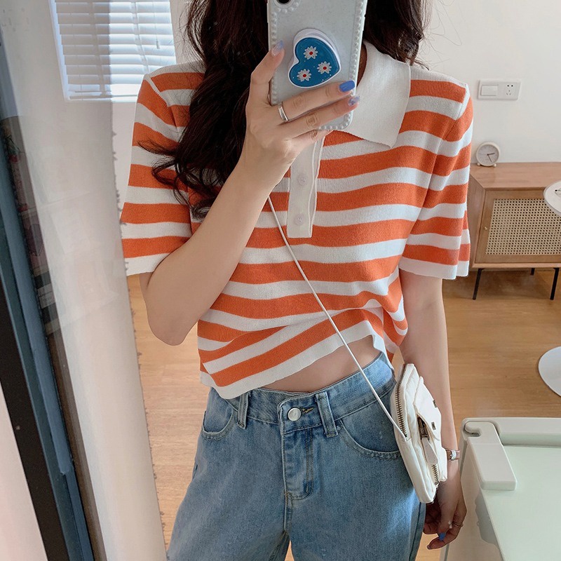 Áo thun ZHELIHANGFEI cổ polo dệt kim tay ngắn họa tiết sọc ngang thời trang cho nữ