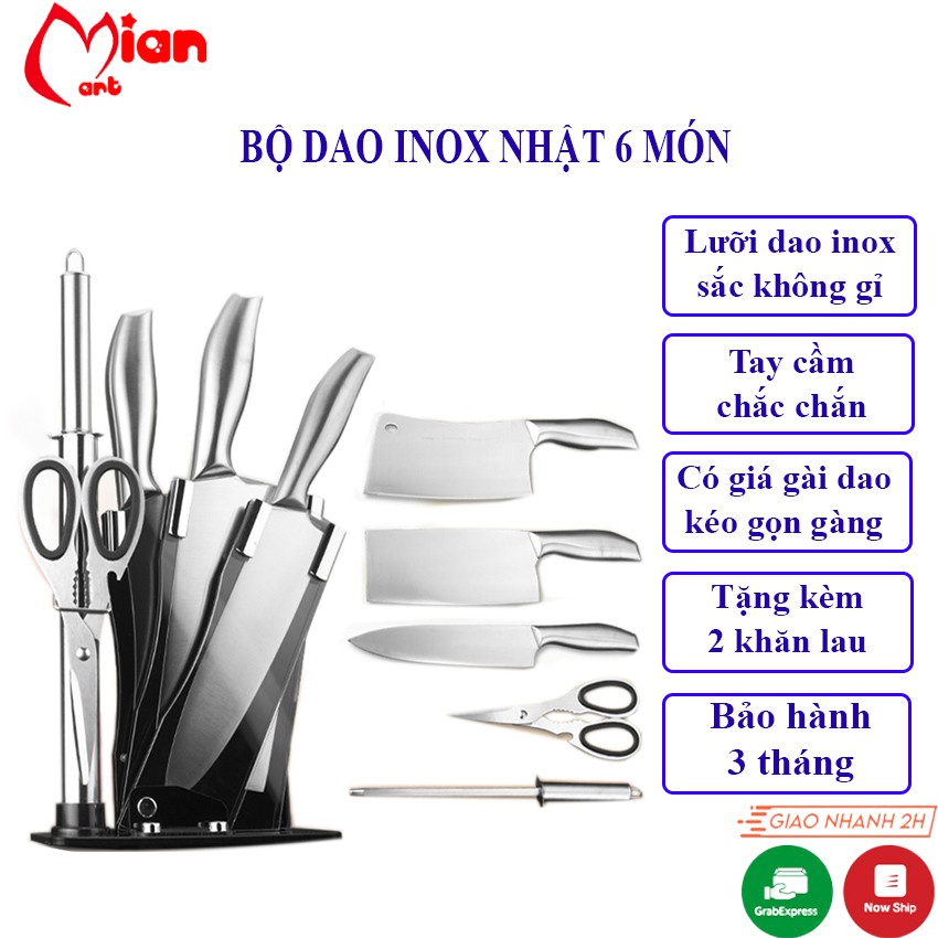 [Tặng khăn đa năng] Bộ dao kéo Nhật Seki 6 món cao cấp- dao thép không gỉ kèm kệ cắm dao - Mian mart