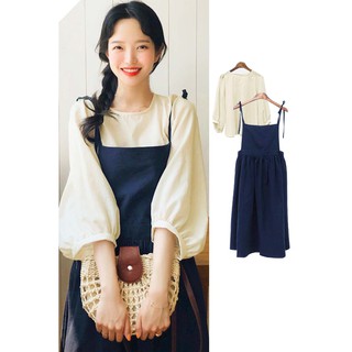 Set áo + váy yếm hai dây thắt nơ xòe dài Vintage Hàn Quốc (ORDER) - Có ảnh thật - kèm ảnh thật