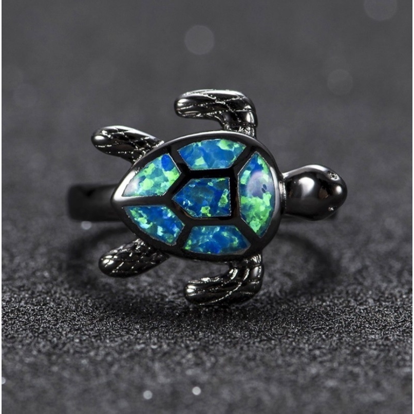 Nhẫn Mạ Vàng Đen 14kt Đính Đá Opal Xanh Hình Rùa