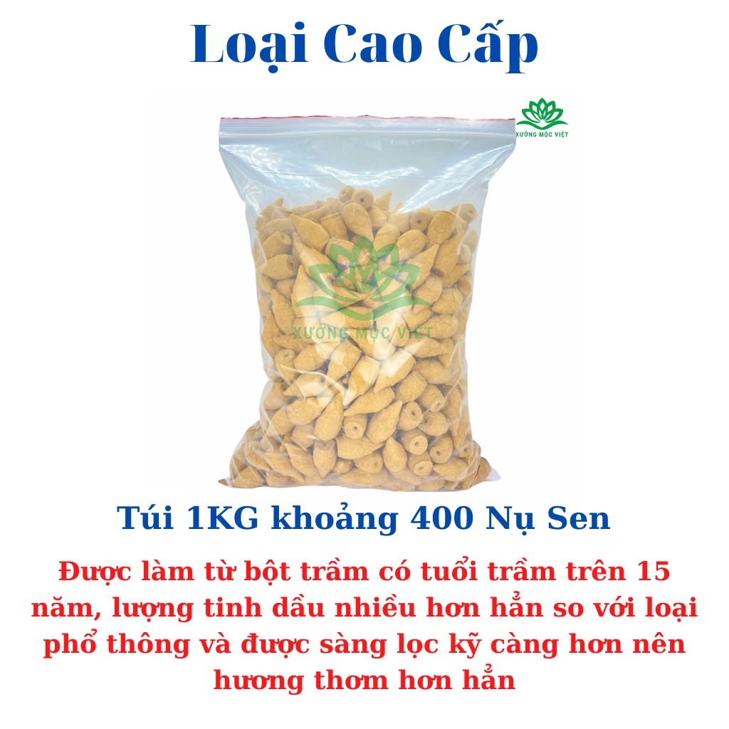 Nhang Nụ Trầm Hương Khói Ngược Sạch Nguyên Chất Tự Nhiên Không Hoá Chất Xưởng Mộc Việt - Túi 1KG Tầm 400 Nụ Sen