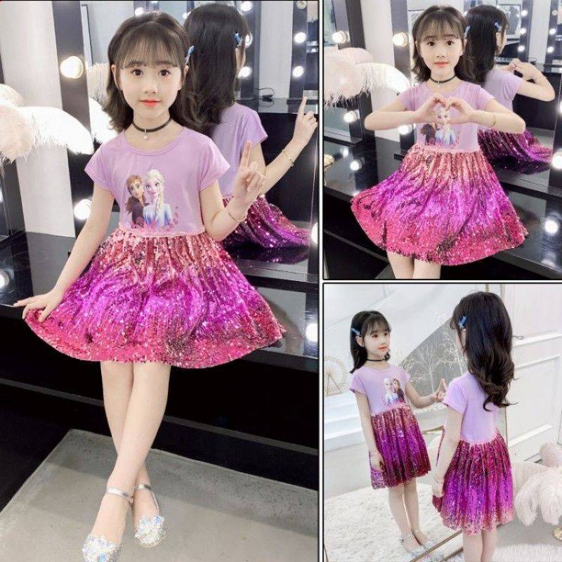 Mùa hè mới Aisha Girl Princess Dress Ice and Snow 奇艾 Cotton ngắn tay Sequins Love Sand Birthday Dress