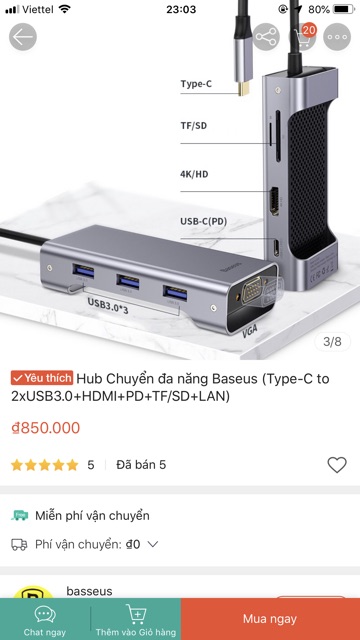 Hub chuyển đa năng Baseus Type-c -&gt; 2USB3.0 + đọc thẻ TF/SD + LAN + USB-C (PD) + HDMI 4K