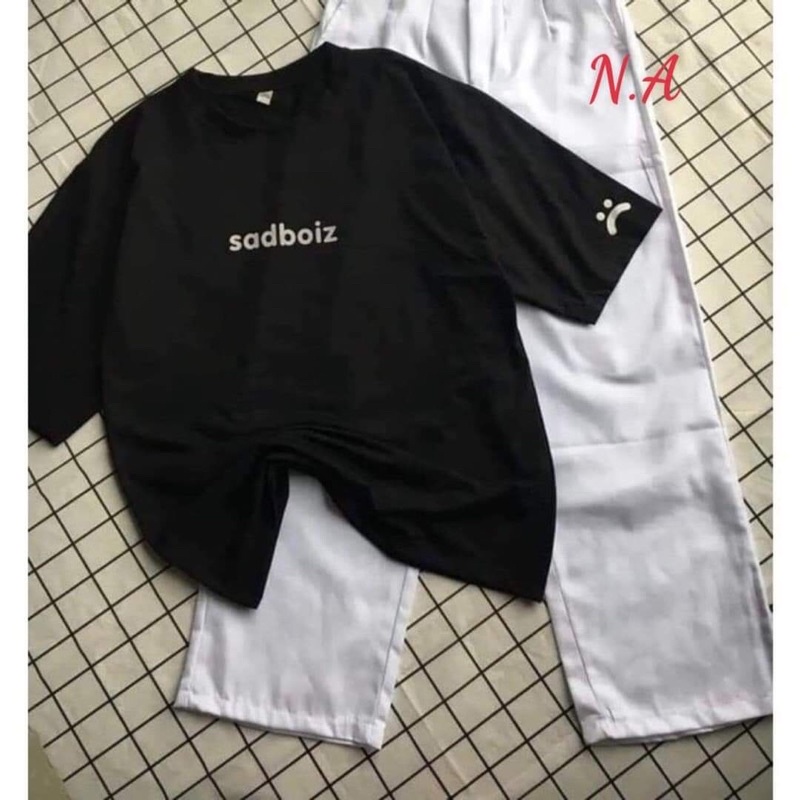 Set Quần Dài Trắng suông Áo Sadboiz Nữ [FREESHIP Bộ đồ culottes trơn  kèm thun form rộng tay lỡ in hình vintage Ulzzang