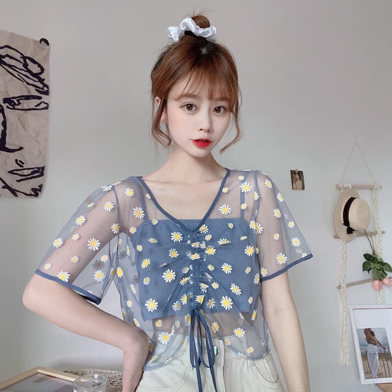 Sét croptop 2 món voan hoa cúc rút dây siêu đẹp Xưởng sỉ nguyễn hoa