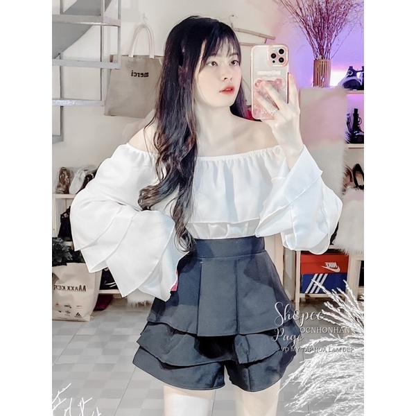 Set áo bẹt vai tay loe tầng phối chân váy tầng