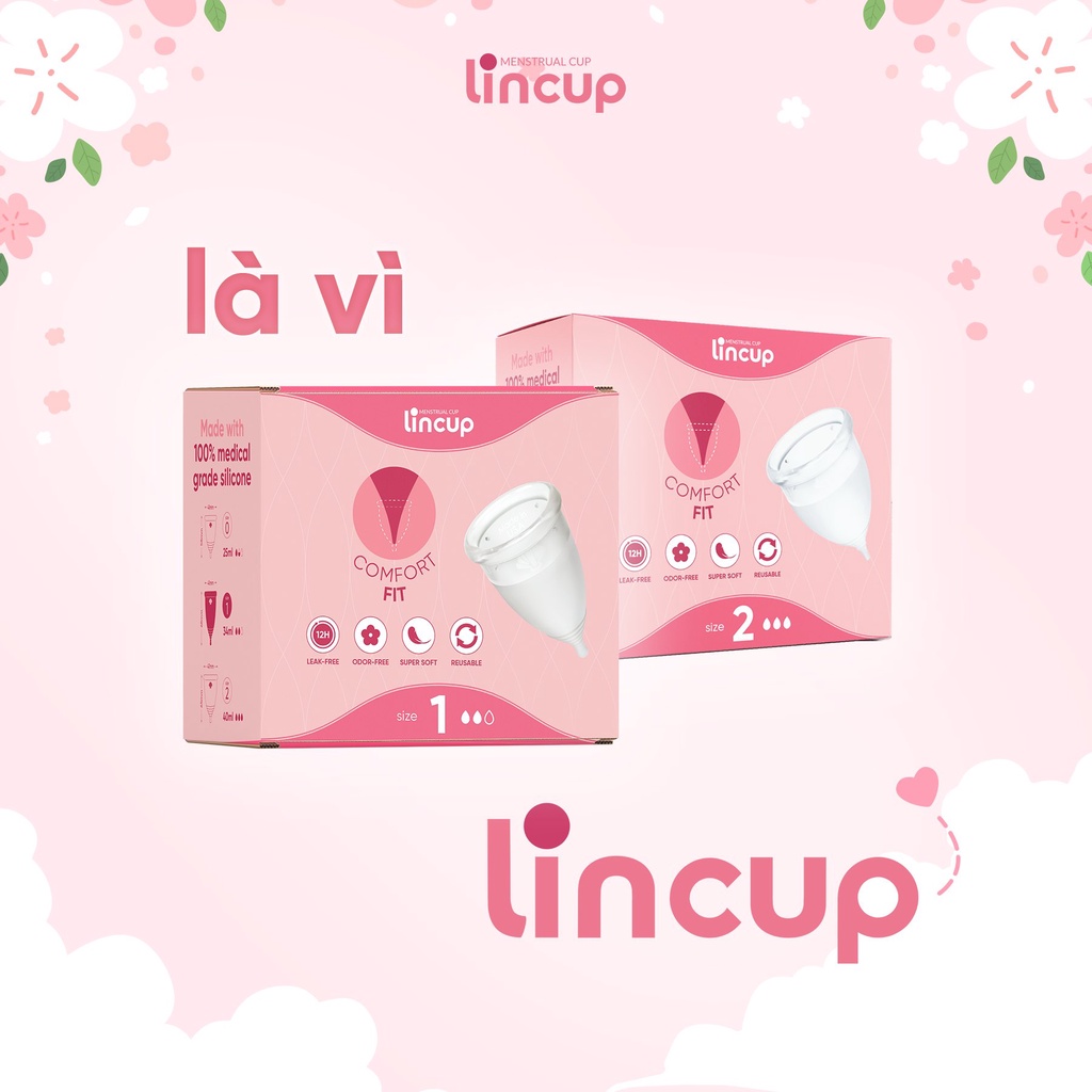 Bộ sản phẩm cốc nguyệt san Lincup silicon mềm dẻo chống rò rỉ tặng máy tiệt trùng túi vải cốc tiệt trùng