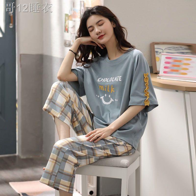 X100% cotton ngắn tay quần dài cắt xén pijama nữ sinh mùa hè dễ thương bộ đồ rộng rãi hàn quốc có thể mặc ở nhà