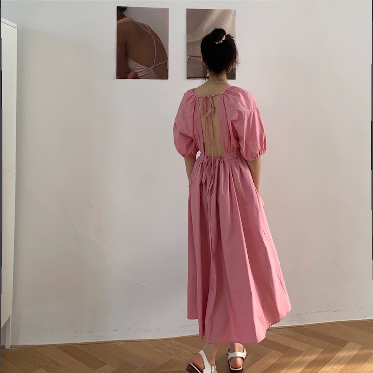 Đầm babydoll maxi dáng dài tay phồng cột dây sau lưng, đầm hở lưng