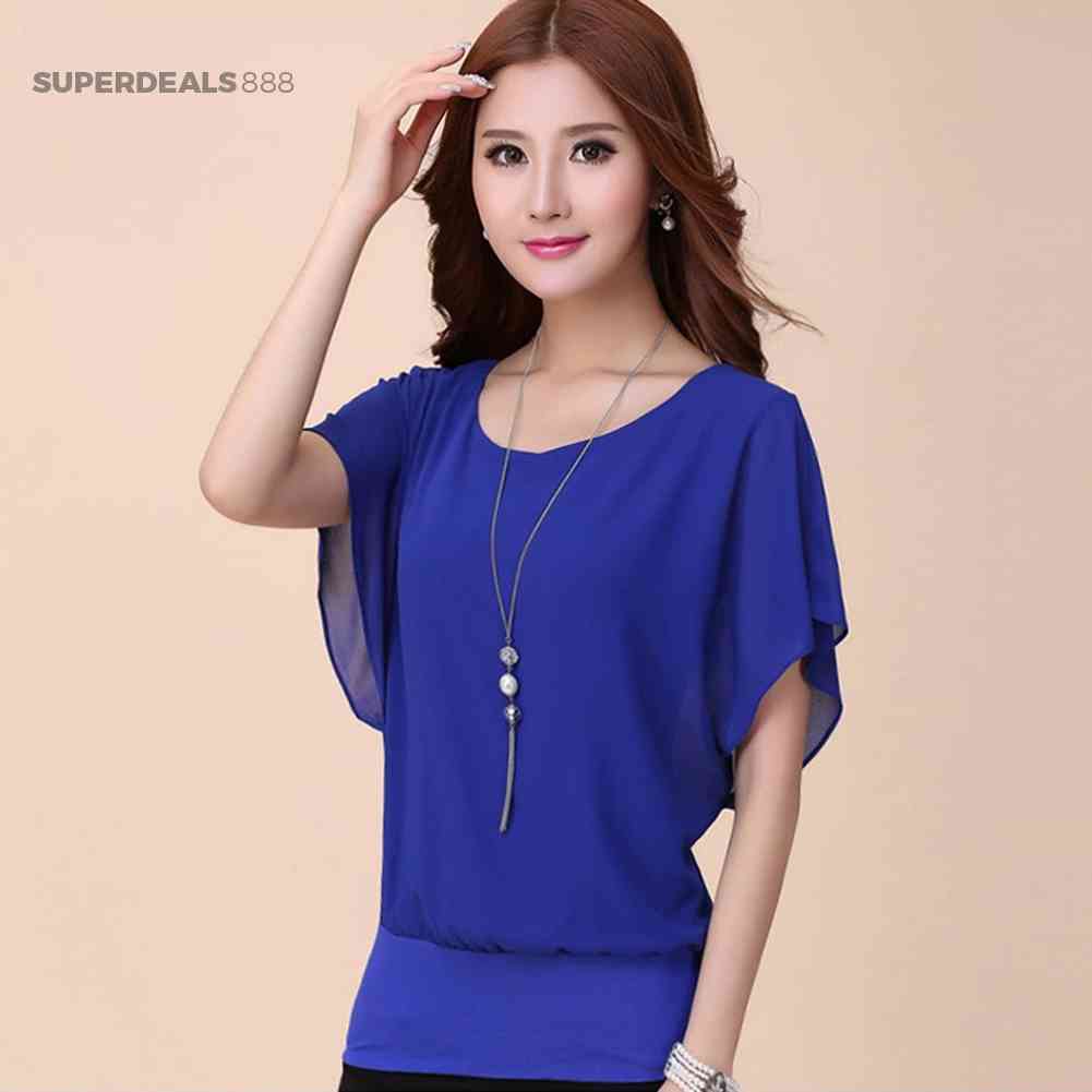 Superdeals88* Áo Voan Tay Cánh Dơi Màu Trơn Phối Bèo Thời Trang Mùa Hè Cho Nữ